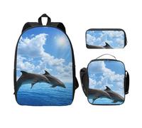 FEYUNYAN School Backpack for Girls and Boys, Two Dolphins Print School Bag Set of 3, 15 Inch Laptop Backpack, Insulated Lunch Bag, Pencil Case, Middle Schoolbag for Teen Youth Students