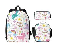 FEYUNYAN School Backpack for Girls and Boys, Unicorns Print School Bag Set of 3, 15 Inch Laptop Backpack, Insulated Lunch Bag, Pencil Case, Middle Schoolbag for Teen Youth Students