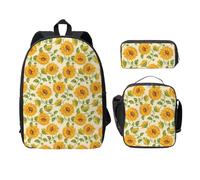 FEYUNYAN School Backpack for Girls and Boys, Yellow Sunflower Print School Bag Set of 3, 15 Inch Laptop Backpack, Insulated Lunch Bag, Pencil Case, Middle Schoolbag for Teen Youth Students