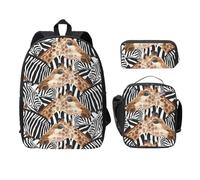 FEYUNYAN School Backpack for Girls and Boys, Zebra and Giraffe Print School Bag Set of 3, 15 Inch Laptop Backpack, Insulated Lunch Bag, Pencil Case, Middle Schoolbag for Teen Youth Students
