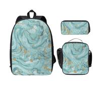 FEYUNYAN School Backpack for Girls Boys, Azurite Teal Foil Gold Marble Print School Bag Set of 3, 15 Inch Laptop Backpack, Insulated Lunch Bag, Pencil Case, Middle Schoolbag for Teen Youth Students