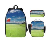 FEYUNYAN School Backpack For Girls Boys, Golf Field With Flag In The Hole Print School Bag Set Of 3, 15 Inch Laptop Backpack, Insulated Lunch Bag, Pencil Case, Middle Schoolbag For Teen Youth Students