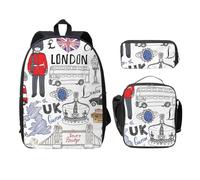 FEYUNYAN School Backpack for Girls Boys, I Love London Print School Bag Set of 3, 15 Inch Laptop Backpack, Insulated Lunch Bag, Pencil Case, Middle Schoolbag for Teen Youth Students