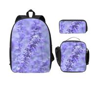FEYUNYAN School Backpack for Girls Boys, Purple Lavender Colored Flowers Print School Bag Set of 3, 15 Inch Laptop Backpack, Insulated Lunch Bag, Pencil Case, Middle Schoolbag for Teen Youth Students
