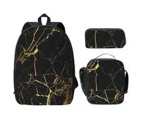 FEYUNYAN School Backpack for Girls Boys, Stylish Gold Marbling Texture Print School Bag Set of 3, 15 Inch Laptop Backpack, Insulated Lunch Bag, Pencil Case, Middle Schoolbag for Teen Youth Students