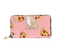 FEYUNYAN Unique Novelty Wallet for Women, Pug Pizza Pink Leather Wallet Organizer with Zippered Coin Pocket & Card Slots, RFID Blocking Slim Bifold Wallet for Daily Use Gift