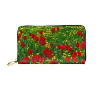 FEYUNYAN Unique Novelty Wallet for Women, Red Poppy Field Farm Leather Wallet Organizer with Zippered Coin Pocket & Card Slots, RFID Blocking Slim Bifold Wallet for Daily Use Gift