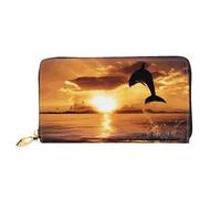 FEYUNYAN Women's Leather Long Wallet Organizer, Dolphin at Dusk Ladies Purse, RFID Blocking Large Capacity Checkbook Holder, Multiple Card Slots Zipper Coin Purse Leather Women's Wallets