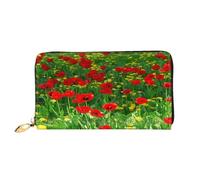 FEYUNYAN Women's Leather Long Wallet Organizer, Red Poppy Field Farm Ladies Purse, RFID Blocking Large Capacity Checkbook Holder, Multiple Card Slots Zipper Coin Purse Leather Women's Wallets