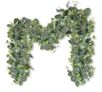 Fezaphy 2 PACK Artificial Eucalyptus Garland 6FT Fake Greenery Garland with White Flowers Hanging Plants for Wedding Arch Backdrop Wall Table Fireplace Party Baby Shower Home Christmas Decor