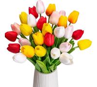 Fezaphy 24pcs Tulips Artificial Flowers Latex Faux Tulip Flowers Real Touch Fake Flower Bridal Bouquets for Wedding Party Table Home Decoration (Mixed Color)