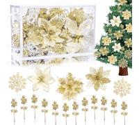 Fezaphy 59PCS Poinsettia Artificial Christmas Flowers Decorations Gold Christmas Tree Decorations 6 Style Ornaments Berry Stems Hanging Snowflake Cards for Xmas Tree Party Wreath Fireplace Table Decor