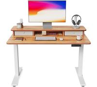 FEZIBO Height Adjustable Electric Standing Desk with Double Drawer, 100 * 60cm Stand Up Table with Storage Shelf, Sit Stand Desk with Splice Board, White Frame/Light Brown Top