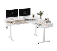 FEZIBO Single Motor 160 * 120 cm L Shaped Standing Desk with 3 Drawers, Electric Standing Gaming Desk Adjustable Height, Corner Stand up Desk with Splice Board, White Frame/White Top