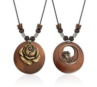 FFDHWU 2 Pieces Floral Element Necklace, Wooden Pendant, Vintage & Bohemian Style, Women's & Unisex, Brown, 51-80cm