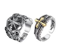 FFDHWU 2 Pieces of Open Rings, Vintage Compass Rings, Cross Feather Rings, Adjustable Rings, Unique Rings, Men's Open Rings