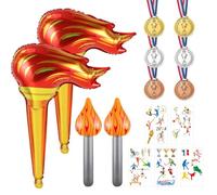 FFDHWU 6 Pieces of Championship Medals, 2 Pieces of Small Torches, 2 Pieces of Large Torches, 1 Pack of Sports Theme Stickers, Sports Game Decorations, Sports Theme Party Decorations.