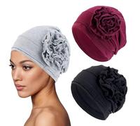 FFDHWU Women's Turban Hats, 3 Pack Floral Knitted Turbans, Black, Burgundy, Light Gray
