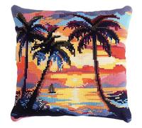FFDONGTEGO 11CT Stamped Cross Stitch Pillow Kits,Tropical Sunset,Coconut Trees by The sea,DIY Cross Stitch Cushion Cover Kits Home Sofa Decoration Gift,18x18in