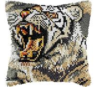 FFDONGTEGO Animal DIY Latch Hook Pillow Kits for Beginner,White Tiger,Needle Crochet Yarn Kits with Stamped Canvas Embroidery Cushion, Home Sofa Decoration,43x43cm