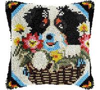 FFDONGTEGO Animal Dog Latch Hook Kits DIY Throw Pillow Cover,Shepherd Dog in a Flower Basket,Sofa Cushion Cover Embroidery Craft Kit for Adults and Beginners,Creativity Crochet Gift 17x17 Inch