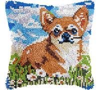 FFDONGTEGO Animal Dog Latch Hook Kits for Adults Kids,Beginners,Chihuahua on The Grass,DIY Craft Pre-Printed Pillowcase Hook and Latch Kits for Sofa Cushions,Bedroom Decor,43x43cm
