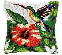 FFDONGTEGO Animal Latch Hook Kits DIY Throw Pillow Cover,Hummingbird and Flowers,Sofa Cushion Cover Embroidery Craft Kit for Adults and Beginners,Creativity Crochet Gift 17x17 Inch