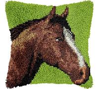 FFDONGTEGO Animal Latch Hook Pillow Embroidery Kit,A Brown Horse,DIY Latch Hook Cushion Kit Beginners Adults Teenager Gift Home Decoration,43x43cm