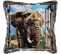 FFDONGTEGO Animal Latch Hook Pillow Kit for Adults,Elephant Outside The Window,DIY Cushion Making Crochet Hook 43x43cm,Color Preprinted Pattern Needlework Pillow Cover Kits,17x17in