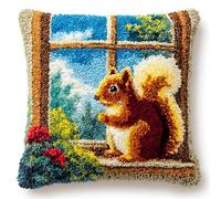 FFDONGTEGO Animal Latch Hook Pillow Kit for Adults & Kids,Squirrel on The windowsill,DIY Pre-Printed Cross-Stitch Embroidery Canvas Cushions Craft,17x17Inch Holiday,Christmas,Gifts