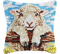 FFDONGTEGO Animal Sheep Latch Hook Pillow Kit for Adults,Goat Lying on The Fence,DIY Cushion Making Crochet Hook 43x43cm,Color Preprinted Pattern Needlework Pillow Cover Kits,17x17in