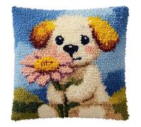 FFDONGTEGO cartoon animals Latch Hook Kits Pillow with Printed Canvas,Puppy holding a flower,DIY Cushion Crochet Yarn Embroidery Hook and Latch Kit Pillowcase Christmas Soafa Decoration 43x43cm