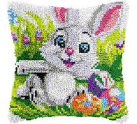FFDONGTEGO Cartoon Animals Latch Hook Pillow Kit,Rabbit in The Grass,Beginner Cushion Cover Latch Hook Kit,Creative Craft Gifts for Family Fun Home Decor,43x43cm