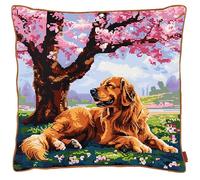 FFDONGTEGO Cross Stitch Cushion Covers Kits,Animal Dog, Golden Retriever Under The Cherry Tree,Cross Stitch Kits for Beginners,18x18inch DIY Handmade Crafts Needlework for Living Room Home Decoration