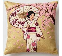 FFDONGTEGO Cross Stitch Cushion Kit,Japanese Woman Under The Cherry Blossom Tree,Cross Stitch Kits for Adults Advanced,45x45cm DIY Needlepoint Crafts for Christmas Sofa Bedroom Home Decor