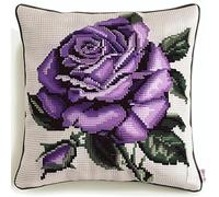 FFDONGTEGO Cross Stitch Cushion Kits for Adults,Purple Roses,Cross Stitch Pillowcase Kits for Beginners,18x18inch DIY Embroidery Pillow for Christma Decoration