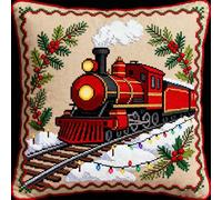 FFDONGTEGO Cross Stitch Pillow Kits for Adults,Christmas Train Snow Scene,Cross Stitch Kits Stamped,18x18inch Printed Tapestry Canvas 11Ct Cushion for Creative Home Decor