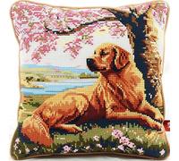 FFDONGTEGO DIY Embroidery Cross Stitch Cushion Kit,Animal Dog, Golden Retriever Under The Cherry Tree,Stamped Cross-Stitch Pillow Case Kit for Creative Home Décor - Gift for Adult Beginners,18x18in