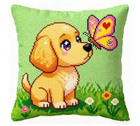 FFDONGTEGO DIY Latch Hook Cushion Kits for Adults,Golden Retriever and Butterfly,Pillowcase Kids Beginner DIY Needlework Embroidery Kits Handmade Set Craft Sofa Home Decor 43x43cm