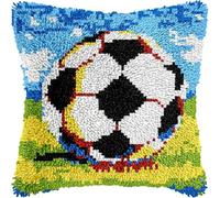 FFDONGTEGO DIY Latch Hook Kit,Football on The Grass,3D Pillow Materials Package Embroidery Kits,Sofa Cushion Cover with Hook Tool Fit for Kids and Adults 17X17Inch
