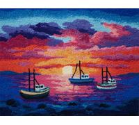 FFDONGTEGO DIY Latch Hook Rug Kit,Fishing Boats on The Beach at Sunset,Rug Making Kit for Adults and Kids,Embroidery Needlework Ideal for Creative & Art Lovers,52x38cm