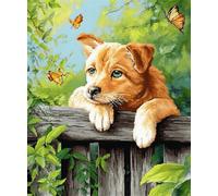 FFDONGTEGO DIY Latch Hook Rug Kit,Labrador Retriever Lying on The Fence,Crochet Carpet for Adults Beginners,Handmade Embroidery Needlework for Home Decoration,52x38cm