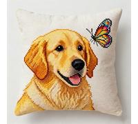 FFDONGTEGO DIY Needlework Embroidery Cushion Kits,Golden Retriever and Butterfly,Latch Hook Cushion Kits for Kids,Beginners,Creative Craft Gifts Pillow Cover for Home Decor,43x43cm