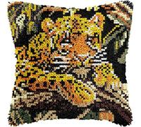 FFDONGTEGO Forest Animals Latch Hook Pillow Embroidery Kit,Leopard,DIY Latch Hook Cushion Kit Beginners Adults Teenager Gift Home Decoration,43x43cm