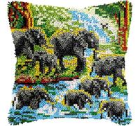 FFDONGTEGO Forest Landscape Latch Hook Kits DIY Throw Pillow Cover,A Group of Animals Elephants,Sofa Cushion Cover Embroidery Craft Kit for Adults and Beginners,Creativity Crochet Gift 17x17 Inch