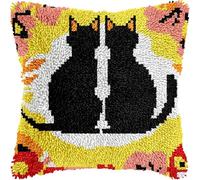 FFDONGTEGO Latch Hook Kit for Adults and Beginners,Animals,Two Black Cats,17x17Inch Latch Hook Pillow Case 43x43cm,DIY Cushion Cover Kits for Home Decoration