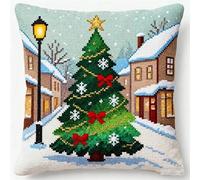 FFDONGTEGO Latch Hook Kits for Adults Pillow,Christmas Tree on The Street,Latch Hook Cushion Kits,Creative Craft Home Decor Ideal for Learning Pillow Cushion Making Pack,17x17in