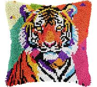 FFDONGTEGO Latch Hook Pillow Kit for Adults,Animals,Colorful Tiger,DIY Cushion Making Crochet Hook 43x43cm,Color Preprinted Pattern Needlework Pillow Cover Kits,17x17in