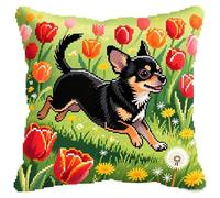 FFDONGTEGO Latch Hook Pillow Kit for Adults,Chihuahua in The Flower Bushes,DIY Cushion Making Crochet Hook 43x43cm,Color Preprinted Pattern Needlework Pillow Cover Kits,17x17in