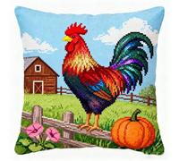 FFDONGTEGO Latch Hook Pillow Kit for Adults,Farm Animals Rooster,DIY Cushion Making Crochet Hook 43x43cm,Color Preprinted Pattern Needlework Pillow Cover Kits,17x17in